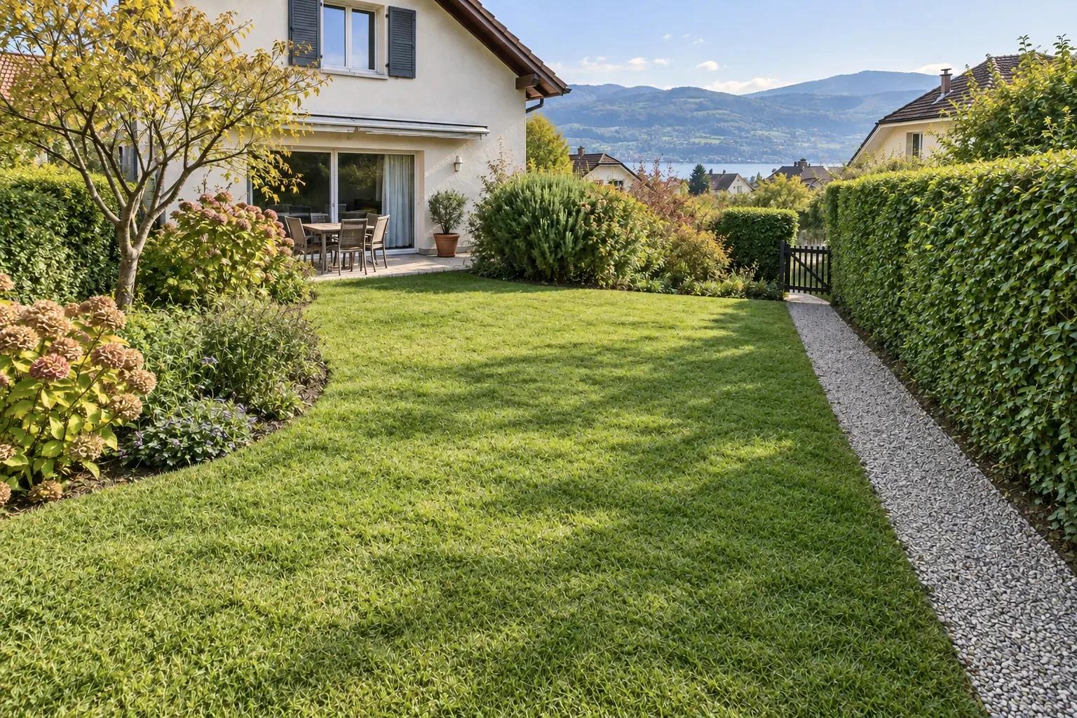 Pelouse entretenue devant une maison, longée d'une haie taillée et d'une allée de gravier, avec le lac en arrière-plan